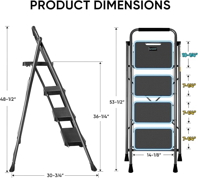 TICONN 4 Step Ladder, Heavy Duty Foldable Step Stool, Portable Steel Folding Stool for Household Garage Storage (Black)