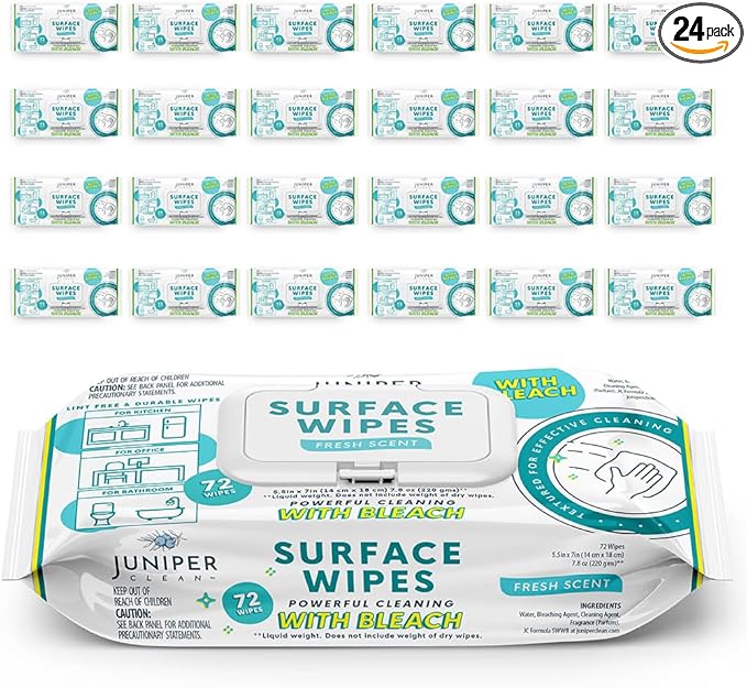 24 Pack Surface Cleaning Wipes with Bleach, All-Purpose Cleaner for Bathroom, Kitchen, Office, 1728 Count Soft Flow, Fresh Scent, Lint Free & Durable