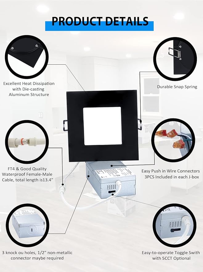 Recessed Lighting 4-inch Square-LED - Canless Recessed Light Fixture, Dimmable Ceilling Light with Junction Box, 2700|3000|3500|4000|5000K, 9W, Black, 6P