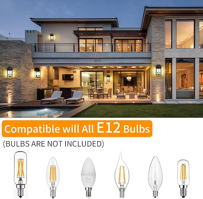 15.4" Dusk to Dawn Black Outdoor Wall Lantern 2-Light, Outside Modern Wall Sconce Light Fixture, Industrial Porch Light with E12 Sockets, Waterproof Exterior Lamp Lighting, 1 Pack