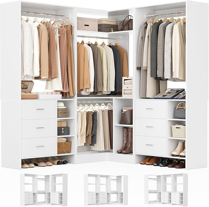 Aheaplus Closet System with 6 Drawers, 4 Hanging Rods & Corner Tower, Corner Closet System with Hanging, 92.6" L-Shaped Walk-In Wardrobe Organizer, 2000+ lbs Capacity, Set of 3, White
