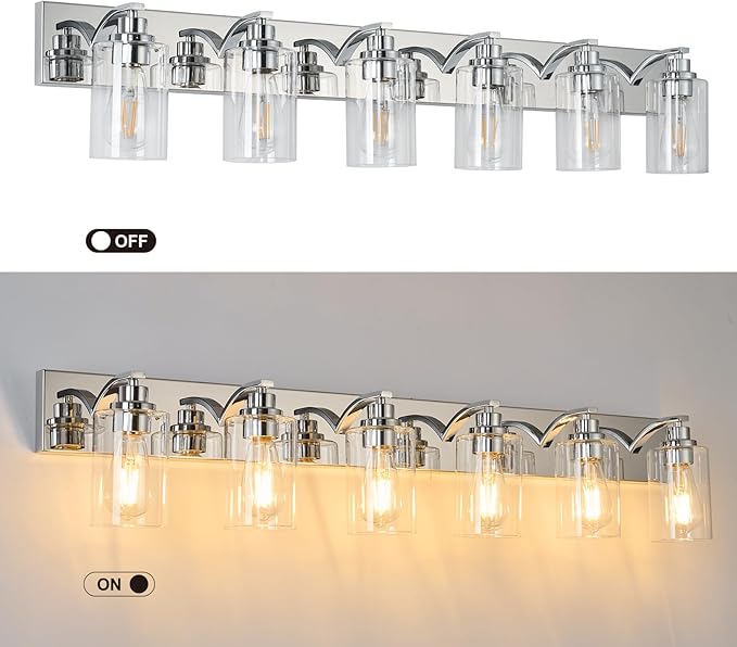 6-Light Bathroom Light Fixtures Modern Chrome Vanity Lights for Bathroom Lighting Fixtures Over Mirror with Clear Glass Shade for Cabinet Mirror Bedroom Hallway