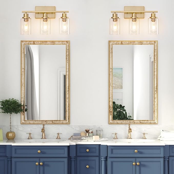 3 Light Bathroom Light Fixtures Brushed Brass Vanity Light Over Mirror Modern Farmhouse Wall Lighting Sconces Wall Lamp for Bathroom, Bedroom, Living Room E26 Socket with Glass Shade