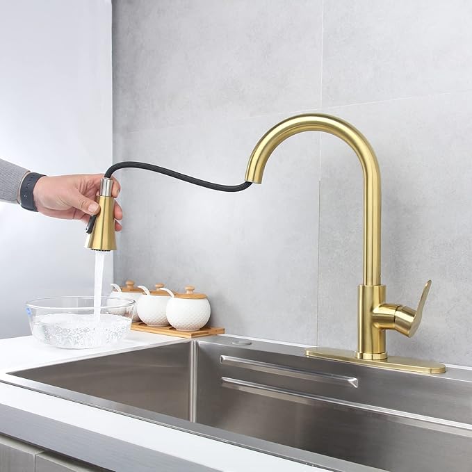 Gold Kitchen Faucet with Pull Down Sprayer Modern Stainless Steel High Arc Single Handle Kitchen Sink Faucet Brushed Gold, Commercial 1 Hole Kitchen Faucet with Deck