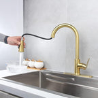 Gold Kitchen Faucet with Pull Down Sprayer Modern Stainless Steel High Arc Single Handle Kitchen Sink Faucet Brushed Gold, Commercial 1 Hole Kitchen Faucet with Deck