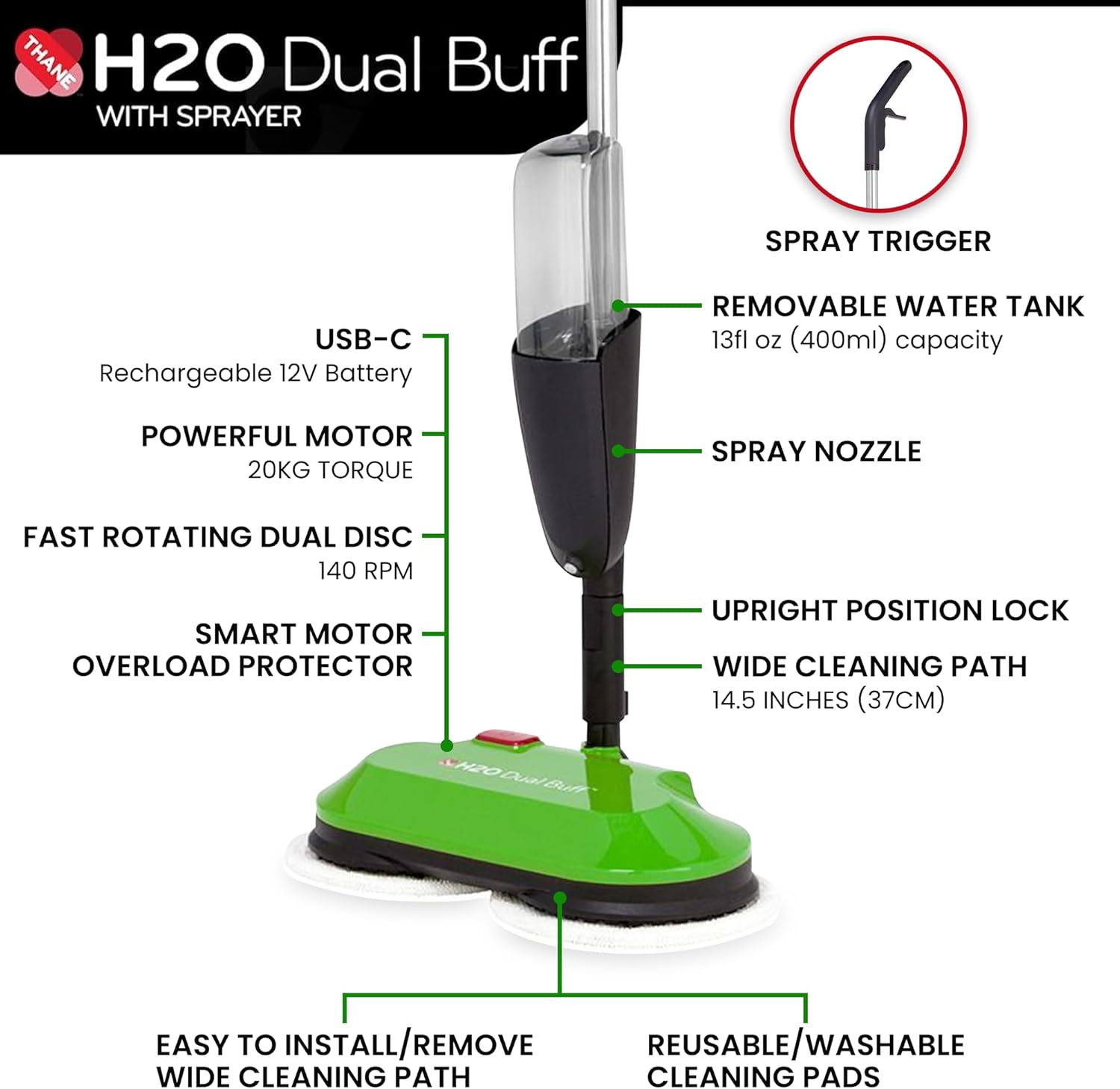H2O Dual Buff Hard Floor Cleaner, Cordless Electric Mop - Rechargeable Hard Floor Cleaner Head – Scrub, Buff, and Polish with Washable Microfiber Cloths - Spray Mop for Hardwood Floors, Laminate, Tile