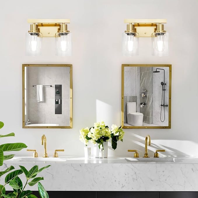 2-Light Brushed Gold Vanity Lights for Bathroom, Brushed Gold Bathroom Light Fixtures, Modern Vanity Lighting Over Mirror with Clear Glass Shade, Farmhouse Bath Wall Lamp for Mirror