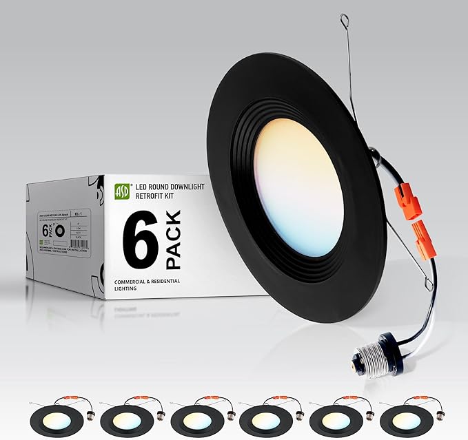 ASD Retrofit LED Recessed Lighting 5/6 Inch | 12W 1009Lm Wet Rated Dimmable Ceiling Downlights | 2700K-5000K Adjustable CRI90 Black Room Recessed Light Fixtures | LED Can Lights 6 Pack