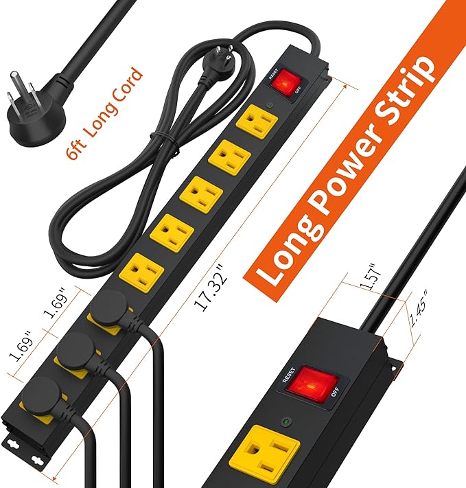 8 Outlet Long Power Strip, 2Pack 2100J Surge Protector Heavy Duty 6FT Cord Wide Spaced and Wall Mount Metal Powerstrip for Home Office Garage Workshop