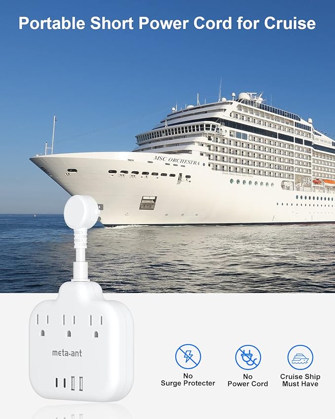 Short Extension Cord 2 inch, Short Cord Power Strip with 3 Outlets 4 USB(2 USB-C) 17W, Flat Outlet Extender, Non-Blocking, Non-Surge Protection for Cruise Travel Dorm Kitchen Bathroom, White