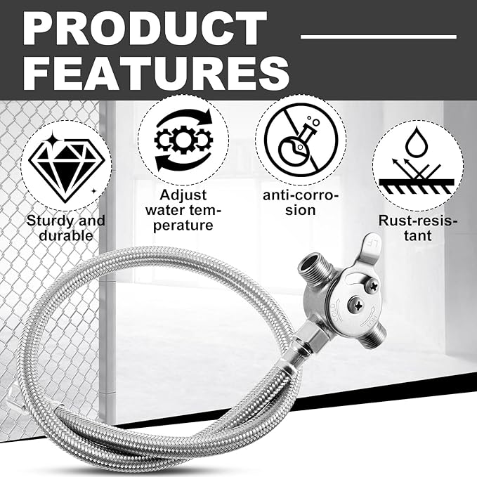 2 Pieces 3/8" Manual Mixing Valve Hot Cold Water Temperature Mixer Thermostatic Mixing Valve for Home and Bathroom Below Deck to Adjust Water Temperature, 4 Braided Faucet Connector Included