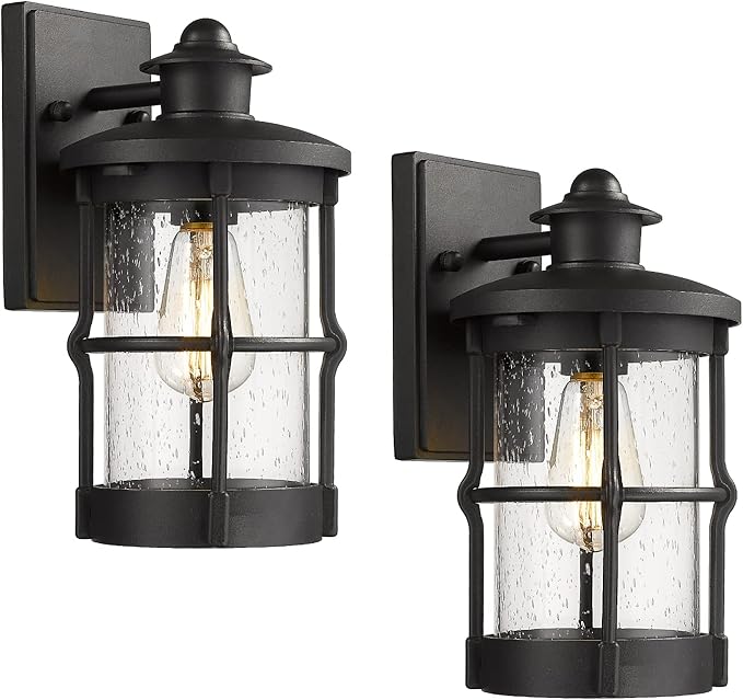Outdoor Wall Sconces - Exterior Wall Mount Lighting Fixture in Black Finish with Seeded Glass (2 Pack)