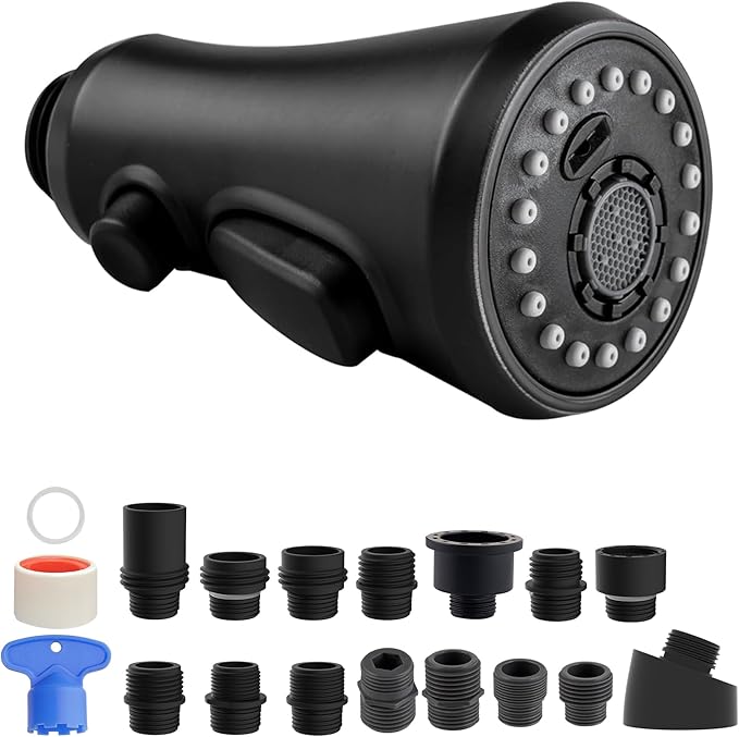 Hibbent Pull Down Spray Head for Kitchen Faucet, NSF/ANSI/CAN 61 & CUPC Certified 3-Function Spray Nozzle, 15 Adapters, Sink Faucet Head Replacement Compatible with Moen, Delta, Kohler, Matte Black
