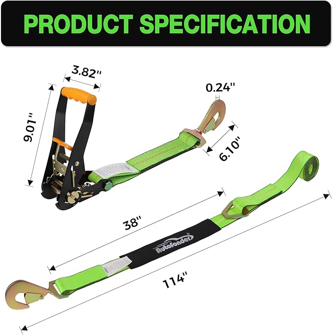 Heavy Duty 4 Pack Axle Tie Down Straps for Trailers-2" x 114" Car Hauler Straps with Snap Hooks-10,000 lbs Break Strength, 3300 lbs Capacity - DOT Certified Wheel Ratchet Tie Downs (Green)