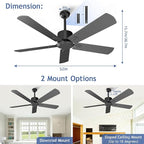 52 Inch Ceiling Fan No Light - Outdoor Indoor Flush Mount Low Profile DC Motor Fan with Remote and APP, 5 Blades Reversible Silent Fan for Patio, Bedroom, Living Room, Garage