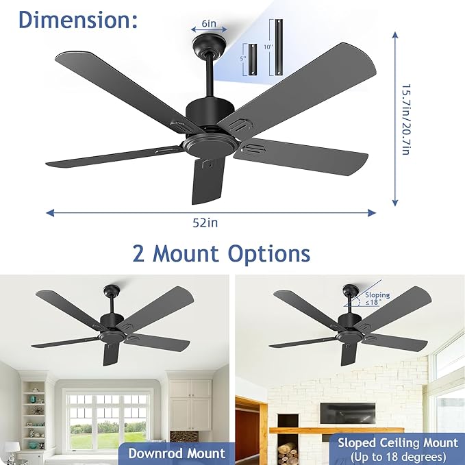 52 Inch Ceiling Fan No Light - Outdoor Indoor Flush Mount Low Profile DC Motor Fan with Remote and APP, 5 Blades Reversible Silent Fan for Patio, Bedroom, Living Room, Garage