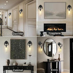 Black Indoor Wall Sconces Set of Two, 15'' knurled Brass Cylinder Sconces, Modern Clear Glass Bathroom Vanity Light, for Living Room, Bedrooms, Hallway, Fireplace, Staircases, Include Bulb