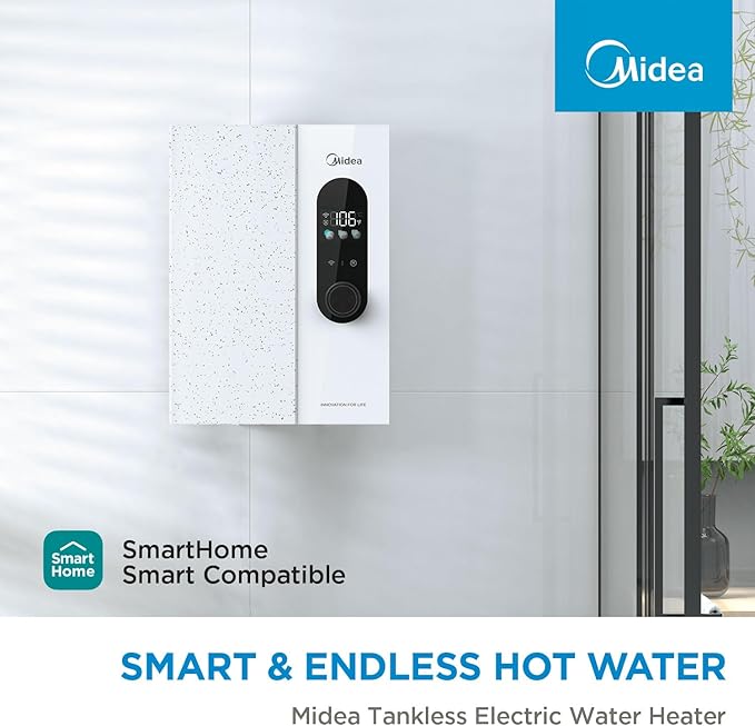 Midea 18KW Electric Tankless Water Heater, Touch Control, Wi-Fi Control, LED Display, Child Mode, 240 Volts with Automatic Power Modulation, On-demand Hot Water, White