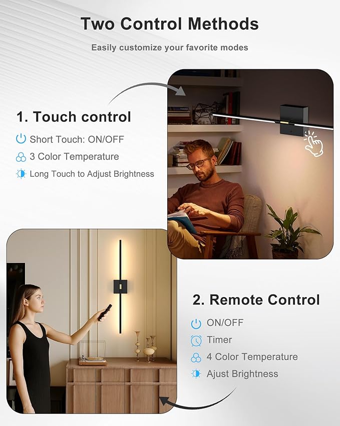 iThird 1 Pack Wall Sconce Battery Operated, Wireless Rechargeable Wall Lights with Touch and Remote Control, 360° Rotatable, Magnetic Wall Sconce for Bedroom,Living Room,Hallway (31.7in Black)