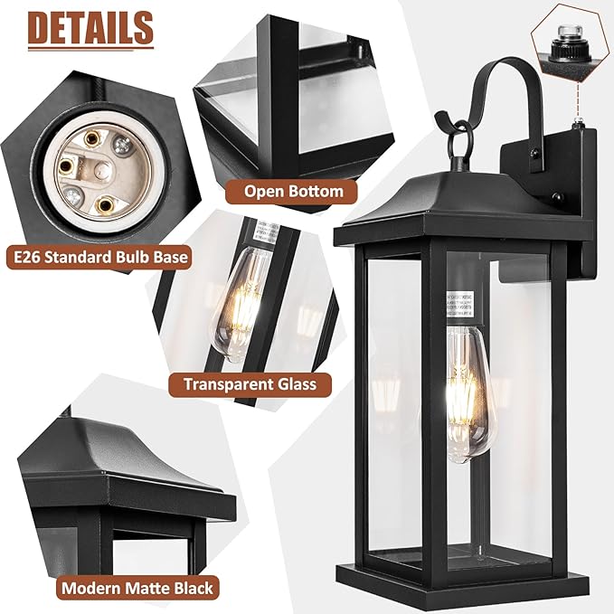 2-Pack Dusk to Dawn Large Outdoor Wall Lights 17 Inch, Exterior Light Fixtures Porch Lights Tempered Clear Glass, IP65 Waterproof Anti-Rust Outside Wall Sconces Matte Black Wall Lanterns