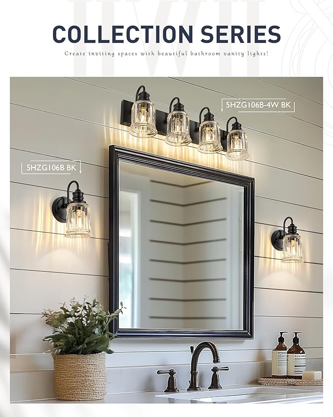 HWH 4-Light Bathroom Vanity Light, Wall Light Sconces for Bathroom, Dressing Table, Black Bathroom Mirror Wall Light with Bell-Shaped Clear Glass, Matte Black Finish, 5HZG106B-4W BK