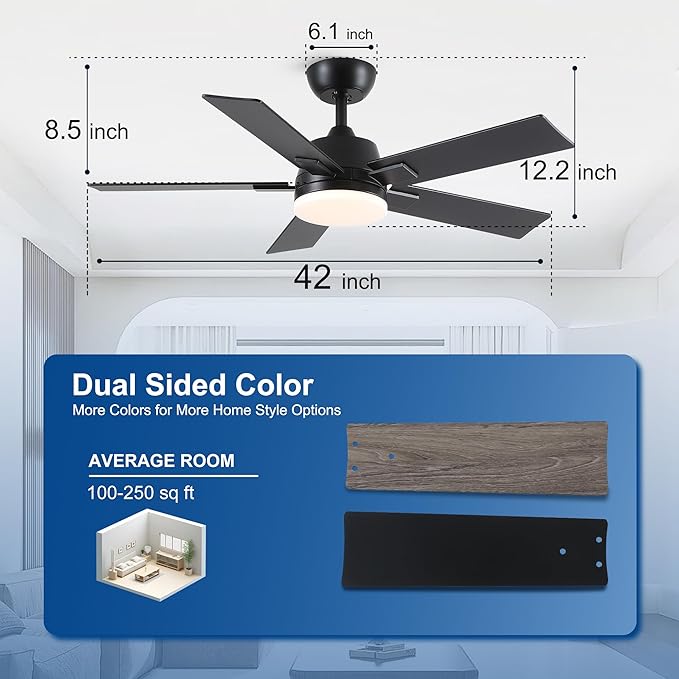 42 Inch Ceiling Fans with Lights and Remote, Black Ceiling Fan with 5 Blades, 6 Speed Reversible DC Motor, 3CCT Dimmable LED, Modern Design for Bedroom, Living room & Covered Outdoor,Includes Downrod