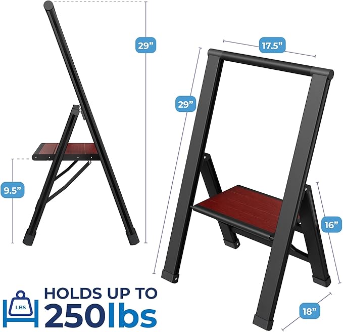 Step Ladder 1 Step Folding, Decorative - Beautiful Mahogany & Black Aluminum, Ultra Slim Profile, Anti Slip Steps, Sturdy-Portable for Home, Office, Kitchen, Photography Use,by SORFEY