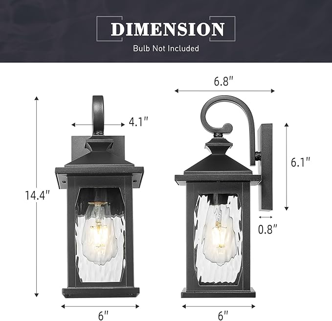 zeyu 14 Inch Outside Exterior Lights Fixture, Black Outdoor Wall Lights with Water Ripple Glass, Die-Cast Aluminum, Black Finish, ZD99B BK-WP