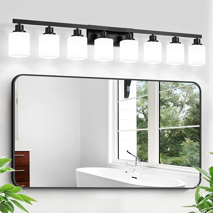 8 Light Bathroom Vanity Light,Modern Matte Black Bathroom Light Fixtures Over Mirror with Square Frosted Glass,Wall Sconces for Restroom,Living Room Hallway E26