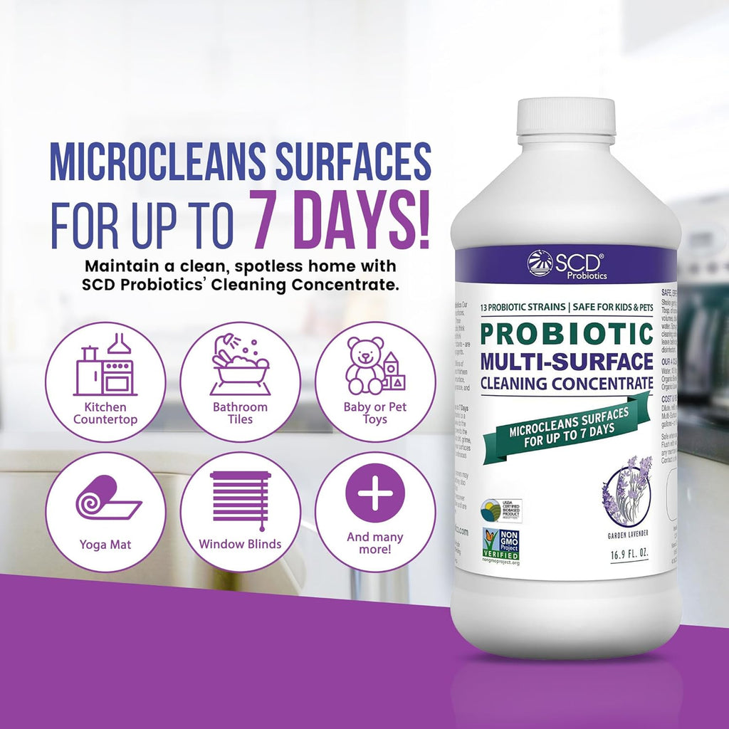 SCD Probiotics Probiotic Multi-Surface Cleaning Concentrate w/Lavender Essential Oil, Microcleans Surfaces for Up to 7 Days, Plant-Based and Multi-Surface 17 Fl Oz (3 Pack)