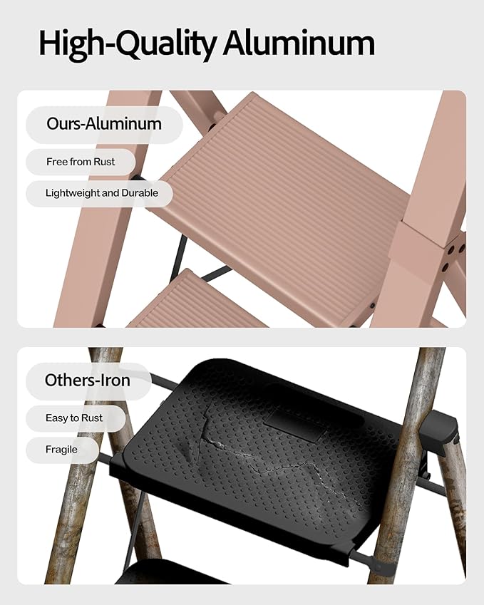 Taranta 3 Step Ladder, Lightweight Aluminum Step Stool with Convenient Handgrip, Folding Ladder with Anti-Slip Pedals, 330lbs Capacity Stepladder for Home, Office, Kitchen - Peach Pink