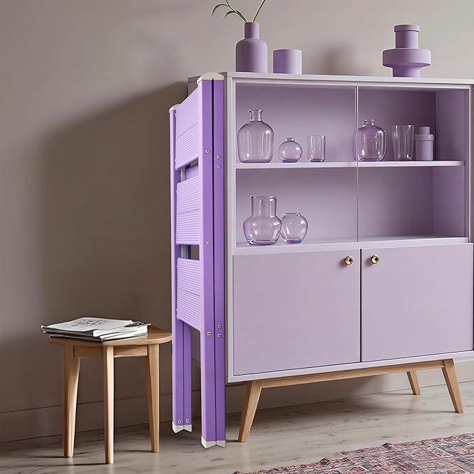 3 Step Lightweight Folding Ladder for Home, 330lbs Aluminum Step Ladder Anti-Slip for Kitchen, Step Stool Foldable Adults for Closet, 330lbs - Purple