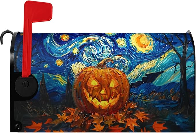 Halloween Pumpkin Magnetic Mailbox Cover Large Size 25.5 x 21 Van Gogh's Starry Night Mailbox Wraps Cover Oil Painting Decorations Post Box Cover for Garden Yard Outdoor Decor