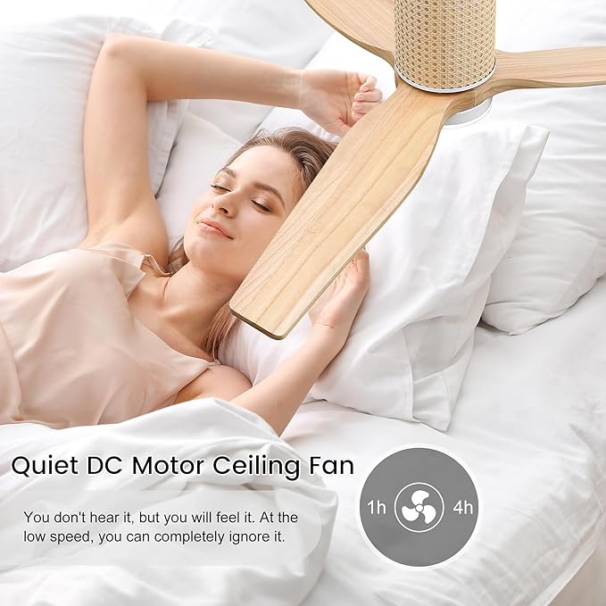 52" Ceiling Fan with Light - Low Profile Flush Mount Ceiling Fan, 6-Speed Remote Control, Solid Wood, Quiet Reversible DC Motor, Wood/White Finish, for Bedroom, Living Room, Porch