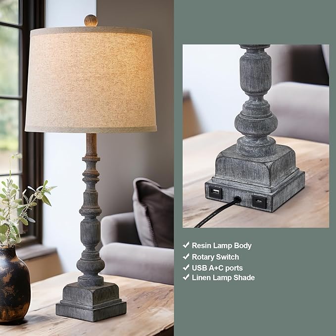 Oneach 27.75" Vintage Farmhouse USB A+C Table Lamps Set of 2 for Living Room Traditional Bedside Lamps for Bedroom Office Mid Century Table Lamp Antique Grey Accent Rustic Lamps for End Table