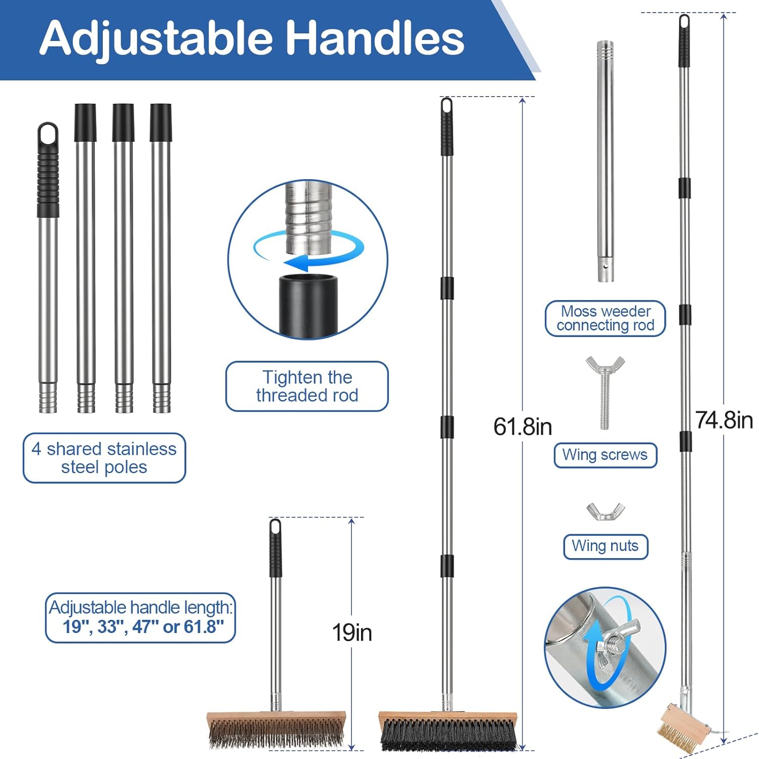 3-in-1 Deck Brush Kit Include Stainless Steel Wire Broom Brush with Long Handle, Floor Scrubber Brush & Crack Weeder Tool for Cleaning Outdoor Broom, Concrete, Garage, Patio, Swimming Pool