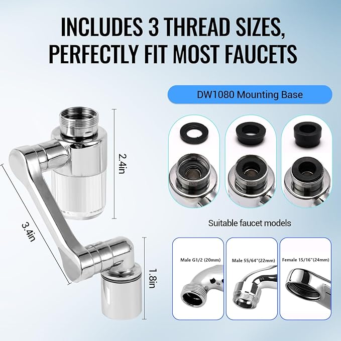 1080° Swivel Tap Extension, Swivel Robot Arm Bathroom Tap Extension, Kitchen Swivel Extension Filter with 2 Mode Splash Proofing (Extender with filter, Silver coloured)