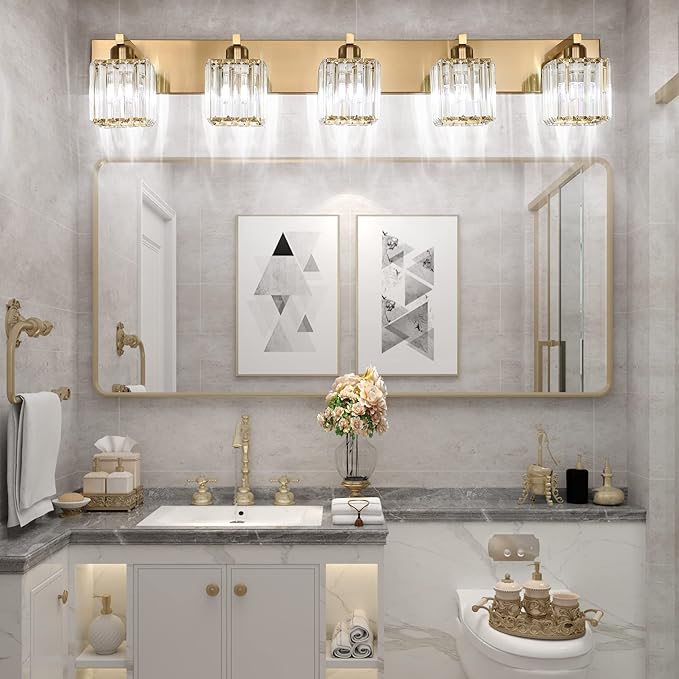Aipsun Bathroom Vanity Lights Fixtures Crystal Vanity Light 5 Light Modern Brass Bathroom Lighting Fixtures (Exclude Bulb)