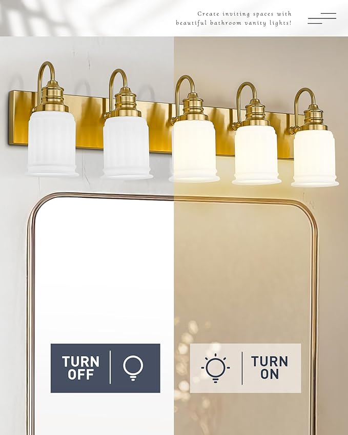 5-Light Bathroom Vanity Light, HWH Brushed Gold Bathroom Lighting Fixtures Modern Vanity Sconce Over Mirror 33'' with Frosted White Bell-Shaped Glass, 5HZG106B-5W BG