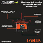 Johnson Level & Tool 99-028K Electronic Self-Leveling Dual Slope Horizontal/Vertical Rotary Laser System, Red, 1 Kit