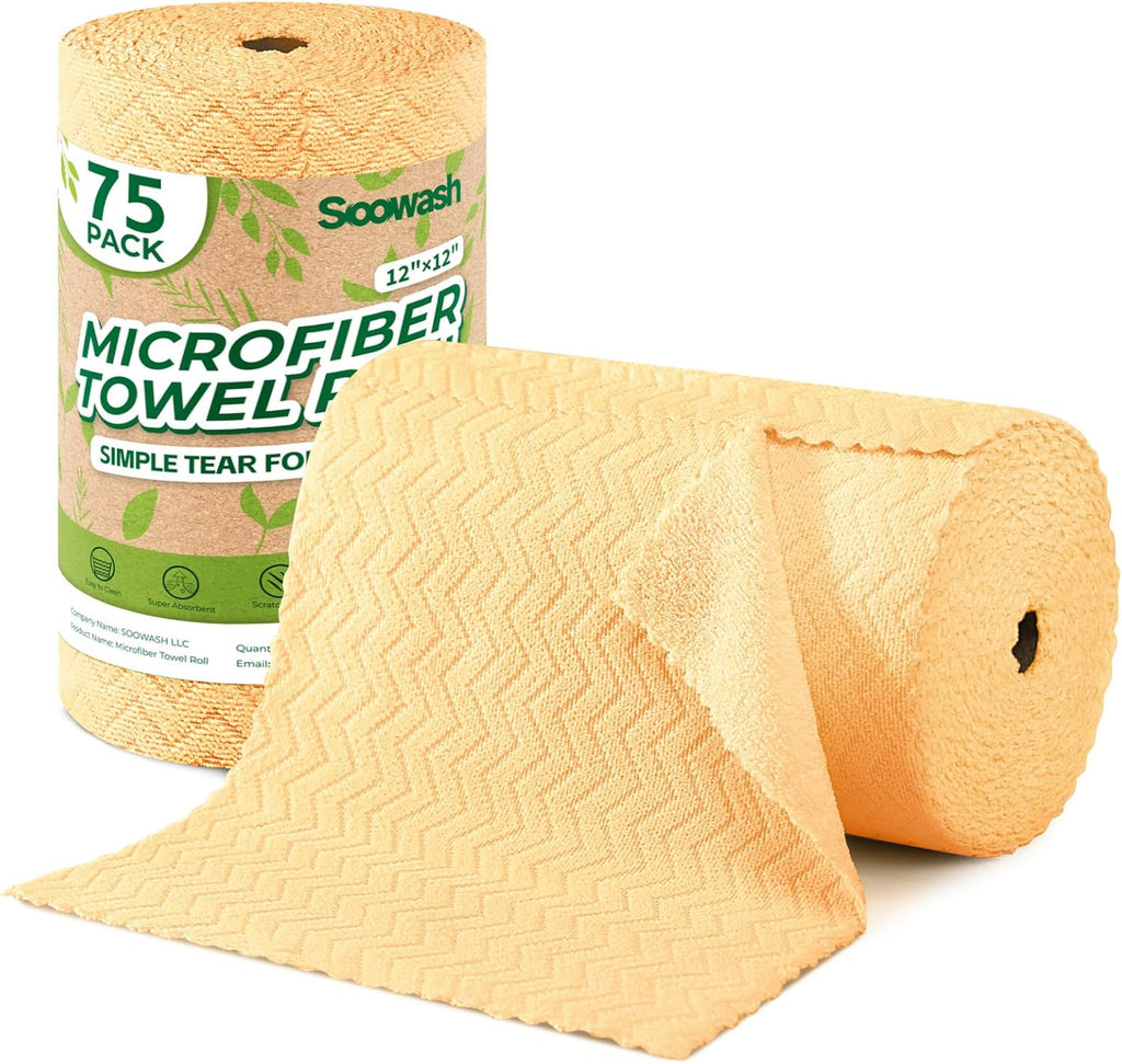 Microfiber Cleaning Cloths Roll, 75 Pack Tear Away Microfiber Towels Roll, 12" x 12" Lint Free Rags, Reusable Cleaning Cloths, Washable, Scratch Free,Ultra Absorbent Dish Rags(Orange Ripple)