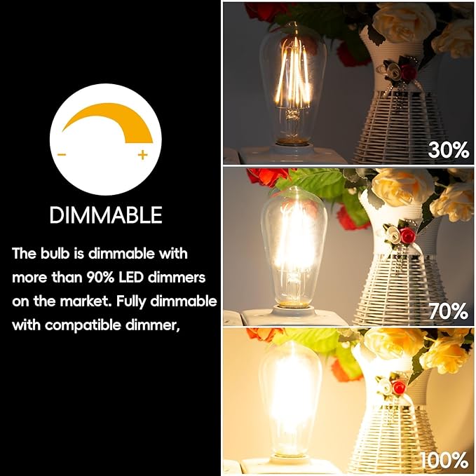 Jensense Edison LED Light Bulbs 8Watt Dimmable, 2700K Warm White, E26 Base, 60watt Equivalent, Vintage Bulbs 800lm CRI 90 Clear Glass, 48 Pack
