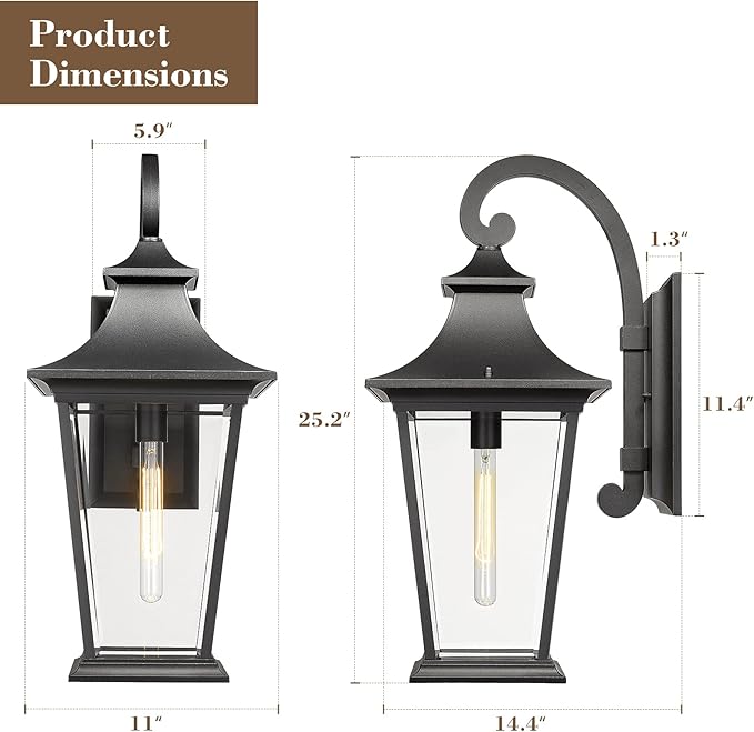 Emliviar Large Outdoor Wall Light, 25" Modern Front Porch Light for House, Clear Glass in Black Finish, XE220B BK