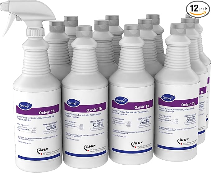 Oxivir Diversey 4277285 Tb Liquid Disinfectant Cleaner, Hospital Grade Accelerated Hydrogen Peroxide AHP, Ready-to-Use, 32-Ounce (Pack of 12 Capped Bottles + 1 Reusable Spray Nozzle)