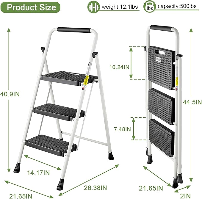 3 Step Ladder, Folding Step Stool 500 Lbs Capacity for Adults & Kids, Heavy Duty Steel Sturdy Step Ladder with Non Slip Wide Pedals, Space Saving Step Stool for Home Kitchen Office, White