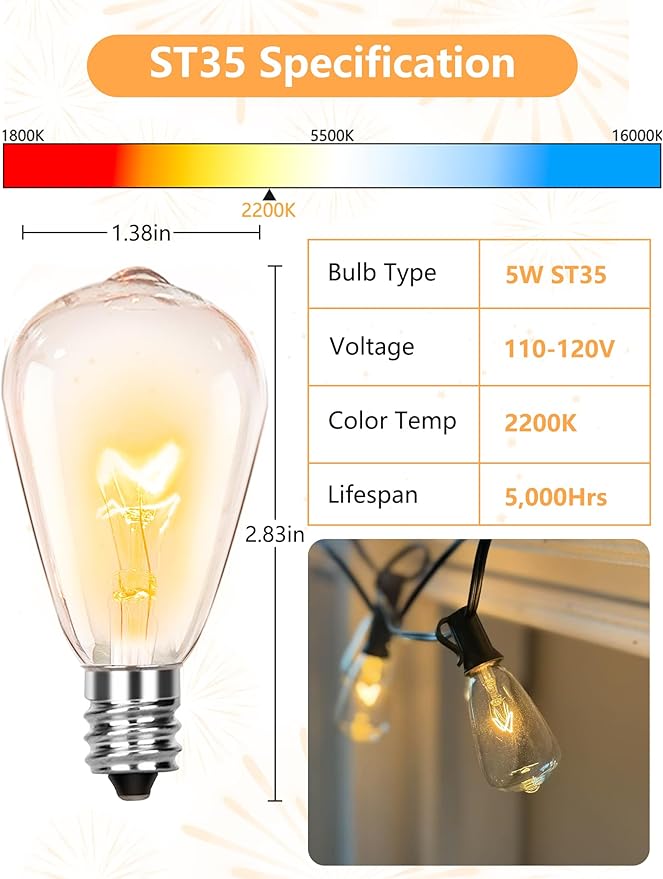 25 Pack Edison Light Bulbs, 5 Watts E12 Candelabra Base ST35 Edison Replacement Bulbs, Bistro Light Bulbs Incandescent for Outdoor Patio, Vintage Light Bulb Warm White