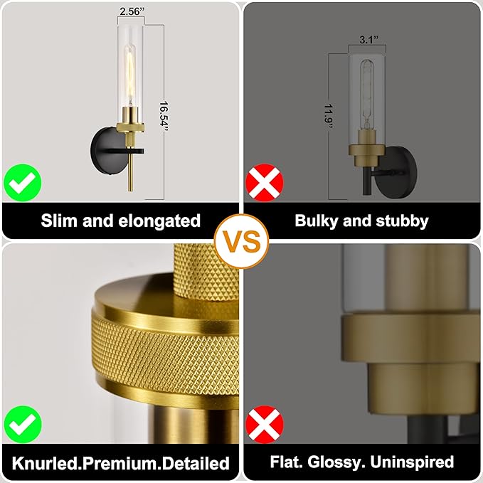 Black and Gold Bathroom Light Fixtures Over Mirror, Wall Sconces Set of 2 with Knurled Texture, Modern Industrial Vanity Lights with Clear Glass Tube Shade, Matte Black and Gold Wall Lamps for Bedroom