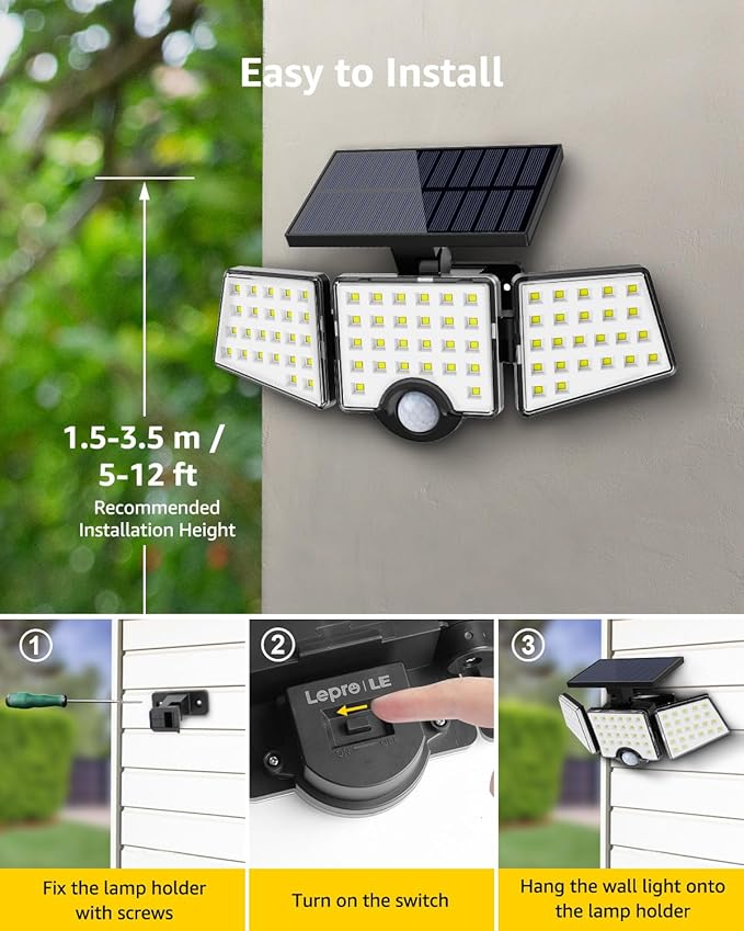 LE Solar Lights for Outside, Solar Lights Outdoor with Motion Sensor, WL4000 High Brightness, 3 Adjustable Heads 270° Wide Lighting Angle, IP65 Waterproof, Wireless Wall Lamp for Yard Garage, 2 Packs