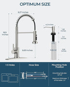 FORIOUS Kitchen Faucet with Soap Dispenser, Burhsed Nickel Stainless Steel Single Handle Modern Spring Commercial Sink Faucet with Pull Down Sprayer for Laundry & Utility Room RV Camp Bar Farmhouse