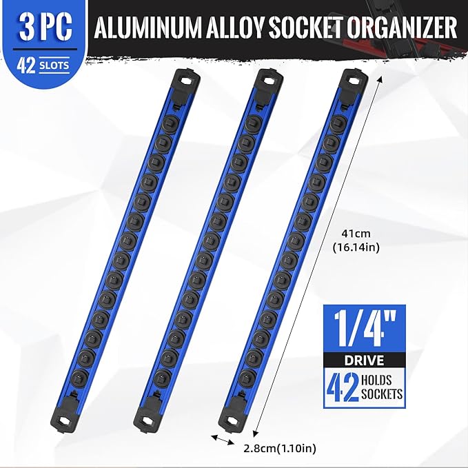Magnetic Socket Organizer, 3-Piece Heavty Duty Aluminum Socket Holder, Socket Rail for Tool Box, Premium Quality 360° Swivel Socket Rack with 42 Clips for 1/4-Inch(Blue)